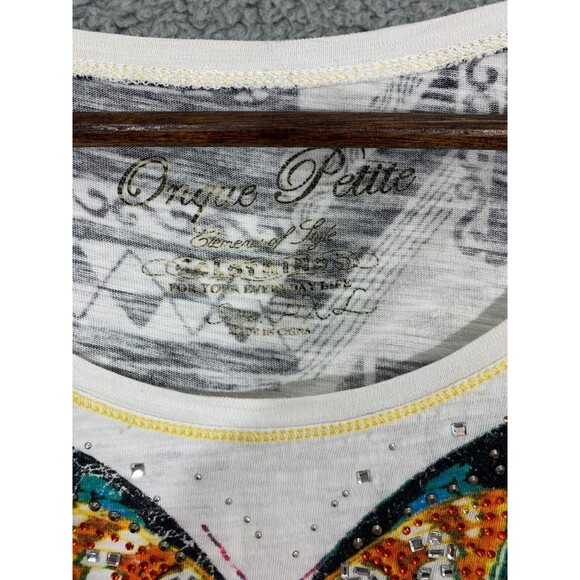 ONQUE PETITE PXL Beaded Butterfly Geometric Designs Short Sleeve Blouse Top - Picture 3 of 10